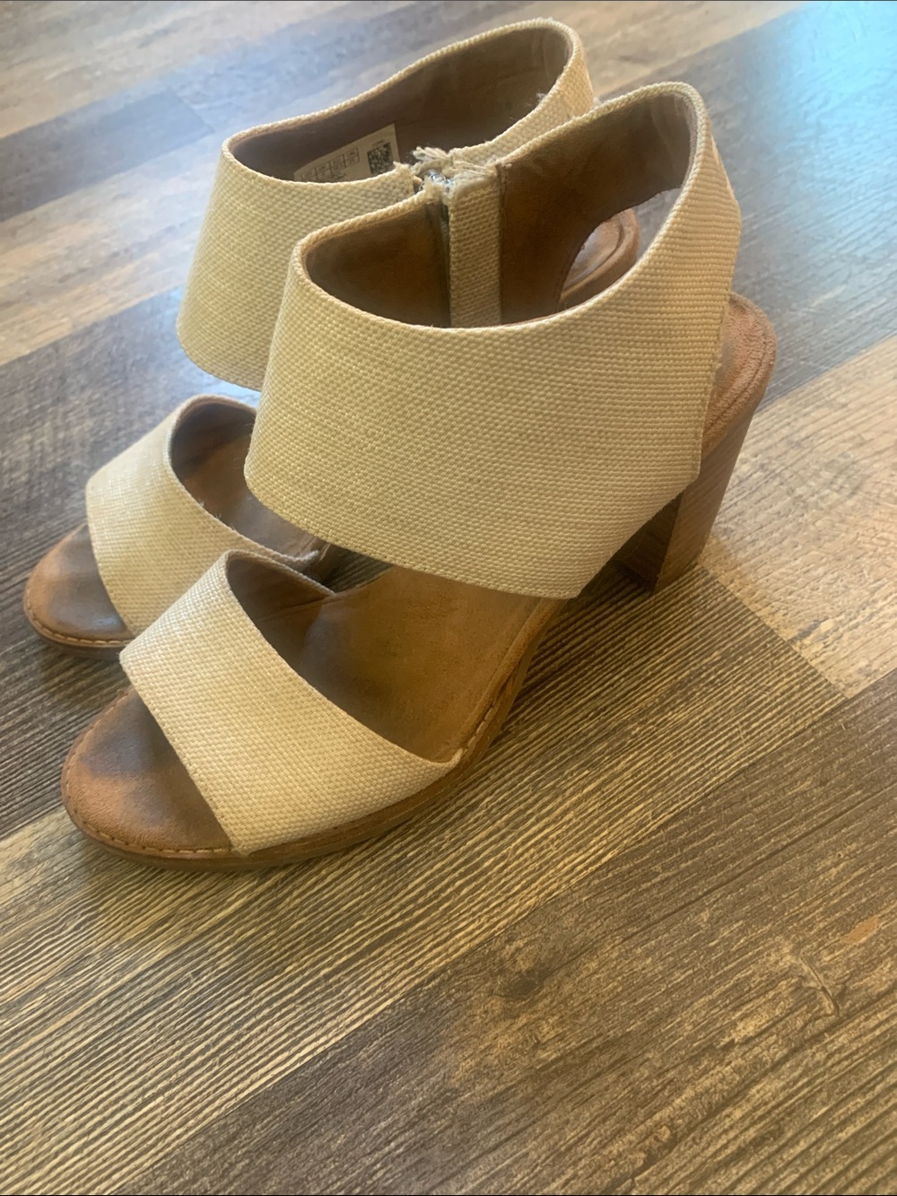 Toms Beige Canvas Block Heel Sandals